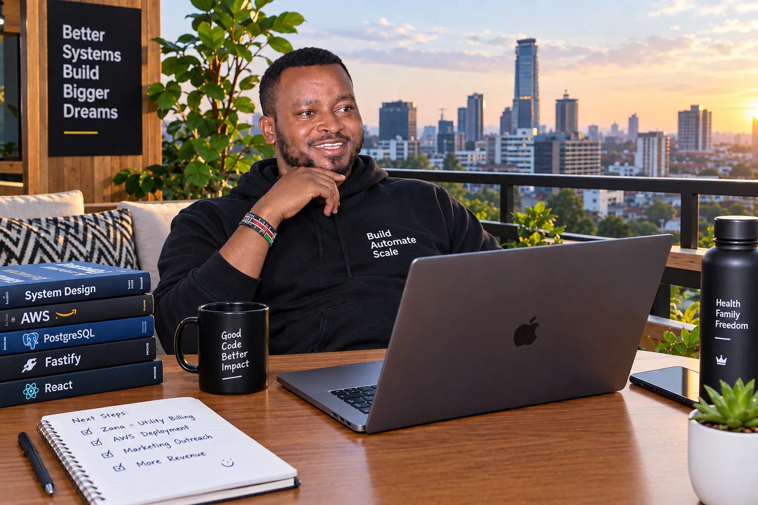 Joseph Gitonga at a rooftop desk above the Nairobi skyline at sunset, working on a laptop beside a stack of engineering books and a notebook.